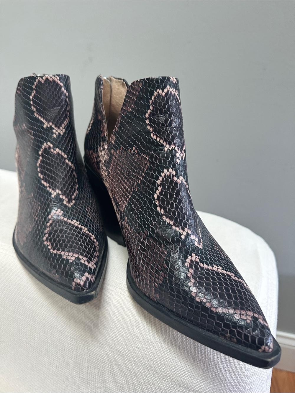 Vince Camuto Black and Blush Snake-Print Pointed Ankle Boots